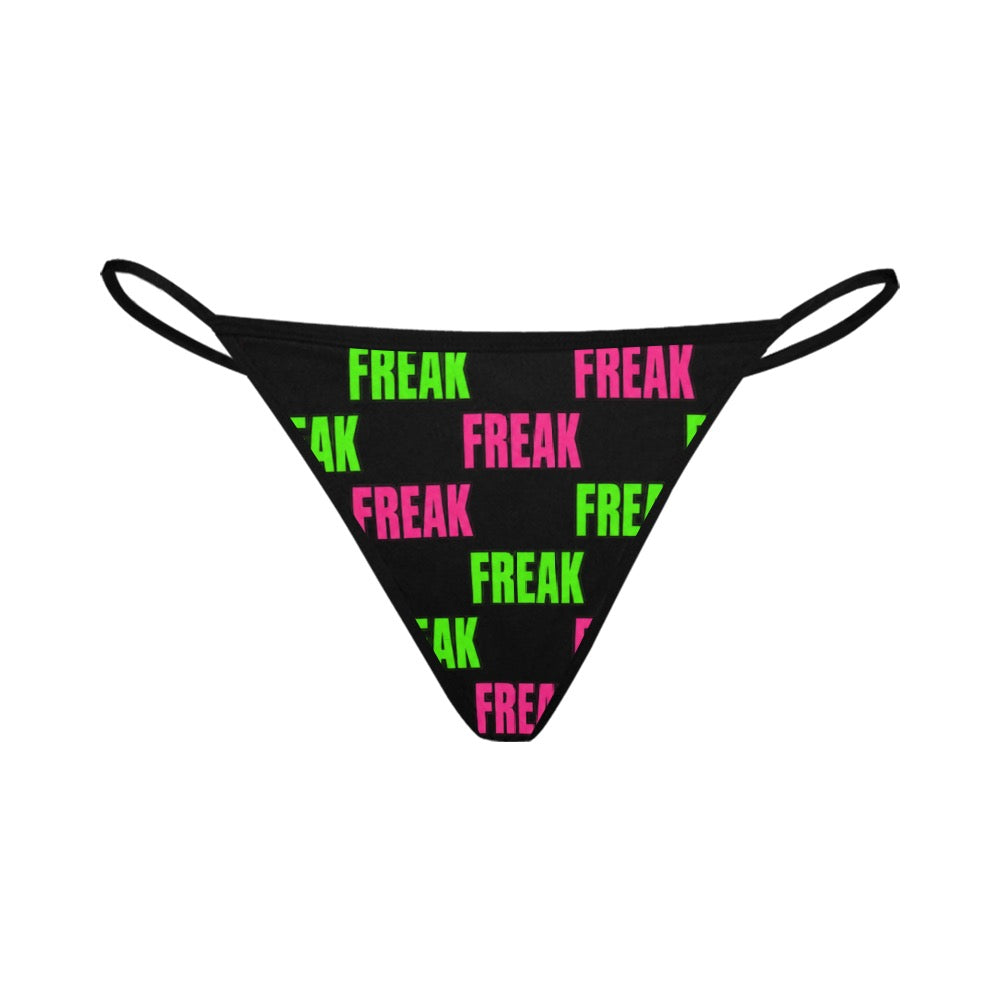 Black Freak thong with alternating pink and green lettering, front product view