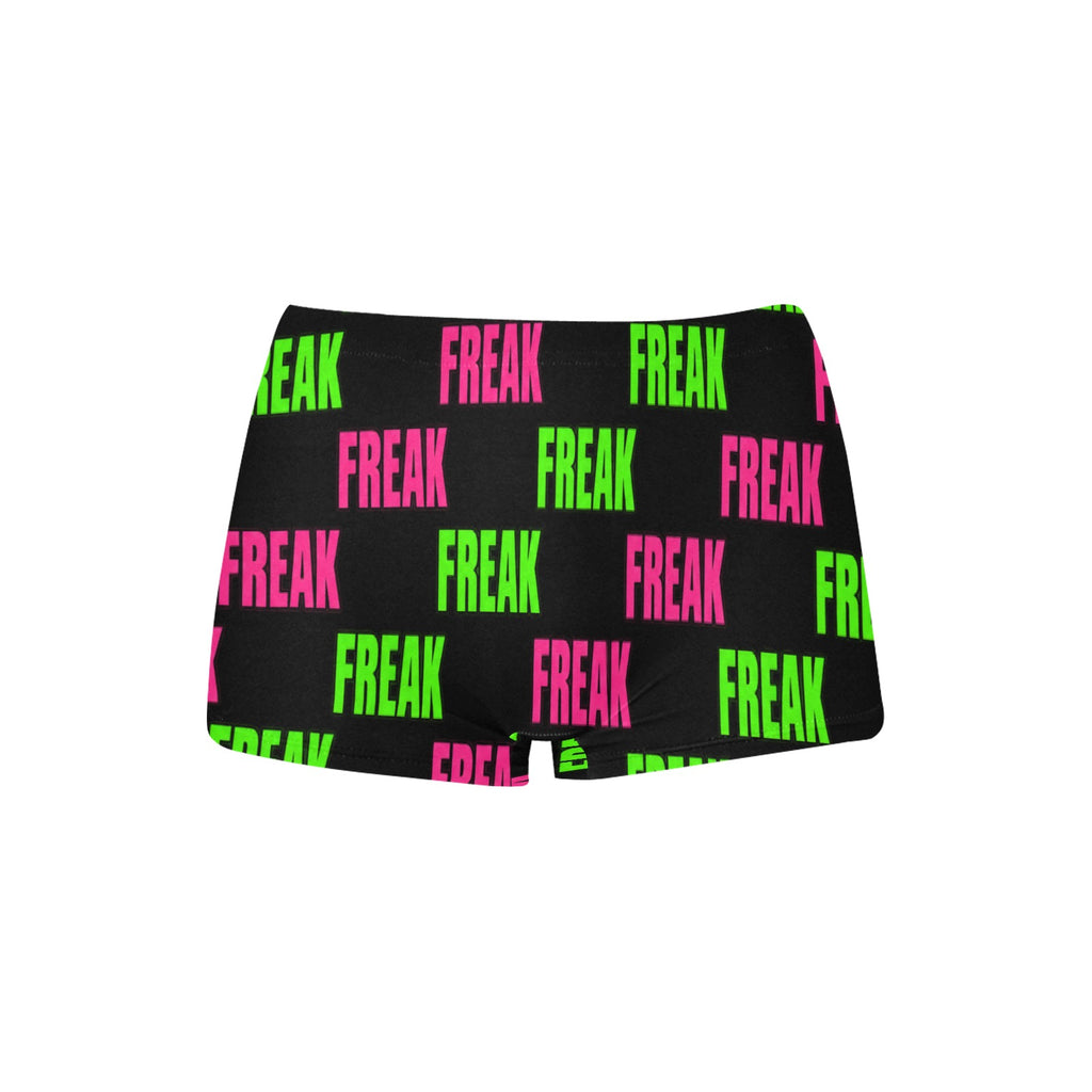 Black Freak boyshorts with alternating pink and green lettering, front product view