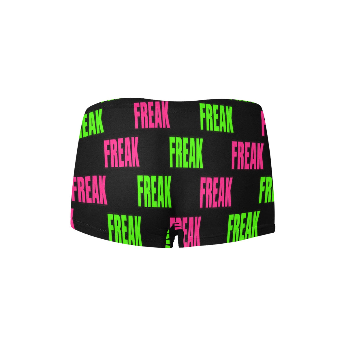 Black Freak boyshorts with alternating pink and green lettering, back product view