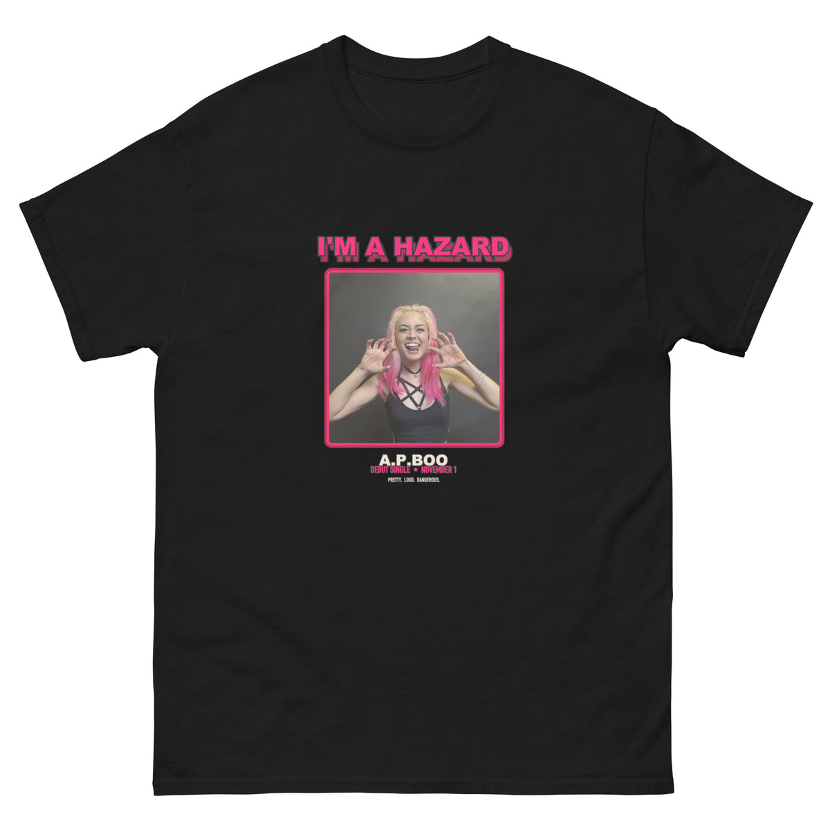 Black I'm a Hazard photo tee featuring A.P.Boo, front view