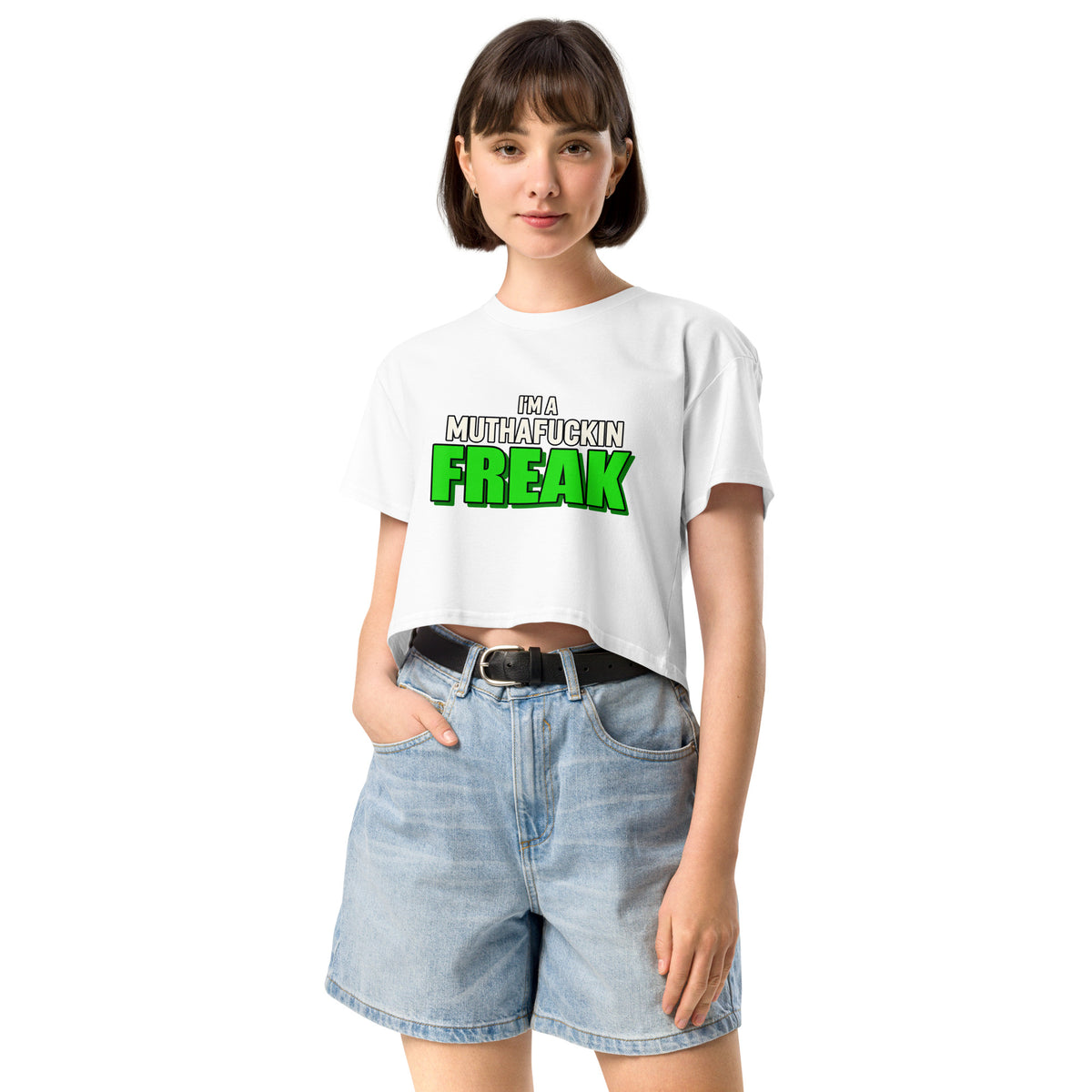 Model wearing white Green Freak crop top, front view