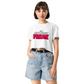 Model wearing white Pink Freak crop top, front view